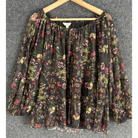 Terra Tops - Terra & Sky Blouse Women 1X Plus Black Floral Long Sleeve Round Neck Casual